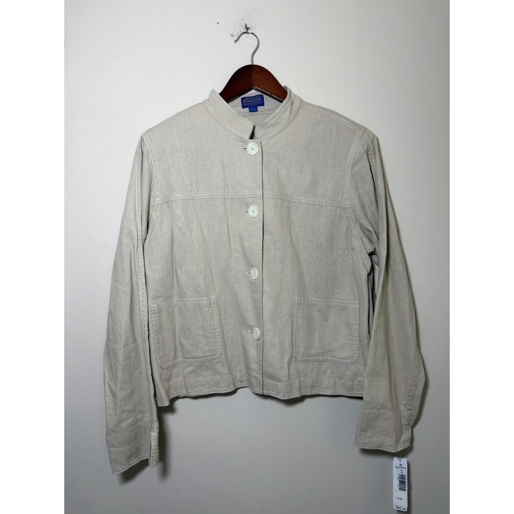 NWT Pendleton Creamy Beige Linen-blend Button Jacket Mandarin Collar Large